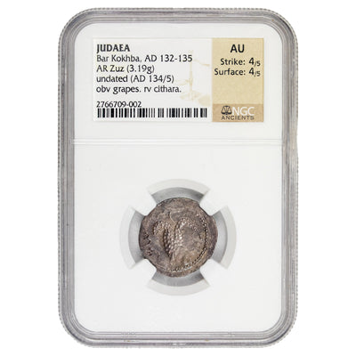 Ancient Judea AD 134-135 Bar Kokhba AR Zuz Coin Hendin #734 - NGC AU