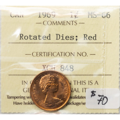 SOLD Canada 1969 Rotated Dies 1 Small Cent Coin - ICCS MS-66 Red