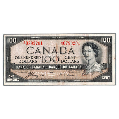 $100 1954 Bank of Canada Note Devil Face Coyne-Towers BC-35a - VF (stained)