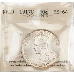 Newfoundland 1917-c 50 Cents Silver Coin - ICCS MS-64