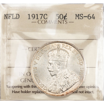 Newfoundland 1917-c 50 Cents Silver Coin - ICCS MS-64