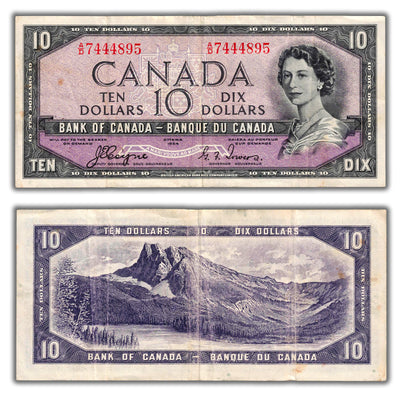 $10 1954 Bank of Canada Note Devil Face A/D Prefix BC-32a - VF (stains)