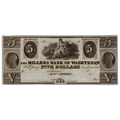 United States 1800's Millers Bank of Washtenaw $5 Five Dollars Remainder Note - UNC