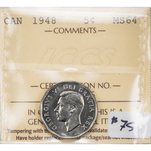 SOLD Canada 1948 5 Cents Nickel Coin - ICCS MS-64