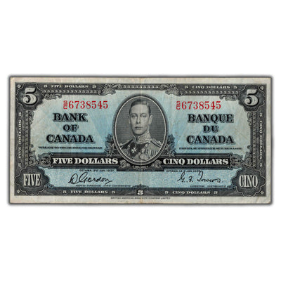 $5 1937 Bank of Canada Note Gordon-Towers S/C Prefix BC-23b - VF