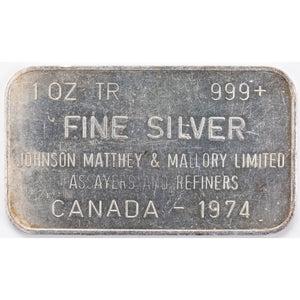 SOLD Johnson Matthey Mallory JM&M 1oz .999 Silver Bar - Dated 1974