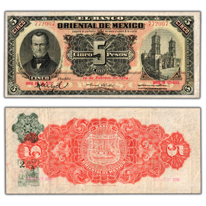 SOLD Mexico El Banco Oriental 1914 5 Pesos Note P #S381c - VF