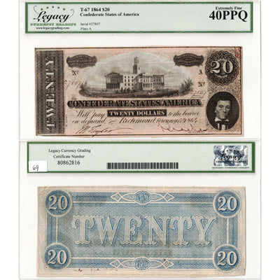 United States 1864 $20 Confederate State Note T-67 - Legacy EF-40 PPQ