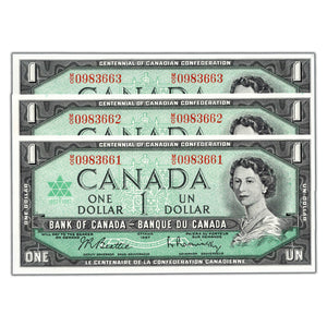 SOLD $1 1967 Bank of Canada Notes M/O Prefix BC-45b - 3 Consecutive Choice Uncirculated