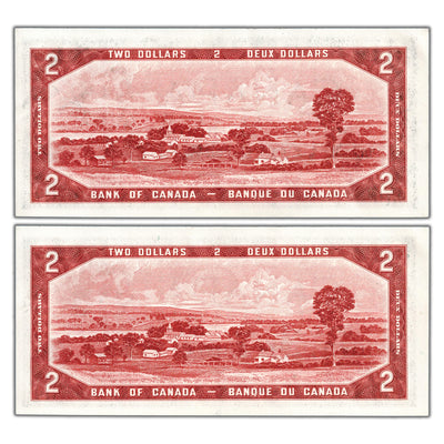 $2 1954 Bank of Canada Notes Devil Face C/B Prefix BC-30a - 2 Consecutive AU/UNC