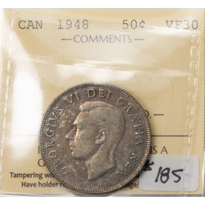 SOLD Canada 1948 50 Cents Half Dollar Silver Coin - ICCS VF-30