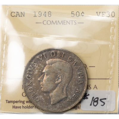 SOLD Canada 1948 50 Cents Half Dollar Silver Coin - ICCS VF-30