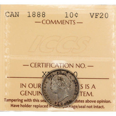 Canada 1888 10 Cents Dime Silver Coin - ICCS VF-20