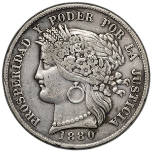 SOLD Peru 1880 Dot After B 5 Pesetas Silver Coin KM #201.2