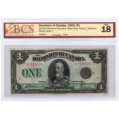 SOLD $1 1923 Dominion of Canada Note Black Seal Series V DC-25f - BCS F-18
