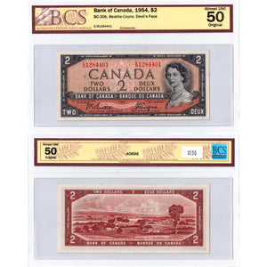 SOLD $2 1954 Bank of Canada Note Devil Face E/B Prefix BC-30b - BCS AU-50