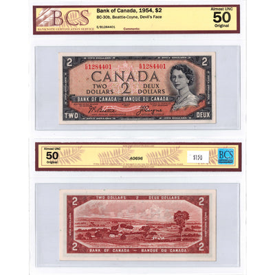 SOLD $2 1954 Bank of Canada Note Devil Face E/B Prefix BC-30b - BCS AU-50