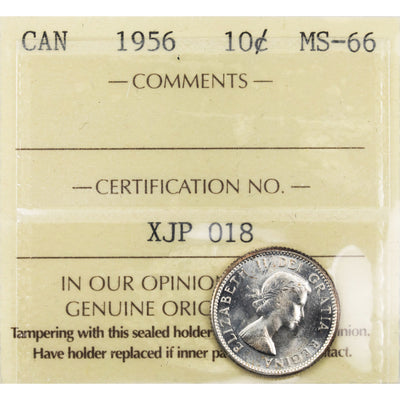 Canada 1956 10 Cents Dime Silver Coin - ICCS MS-66