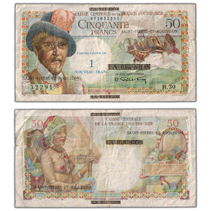 SOLD Saint Pierre & Miquelon ND (1960) 50 Francs / 1 New Franc Note P #30b - F/VF