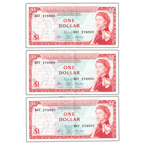East Caribbean States ND (1965) $1 One Dollar Notes P #13f - 3 Consec Circ.