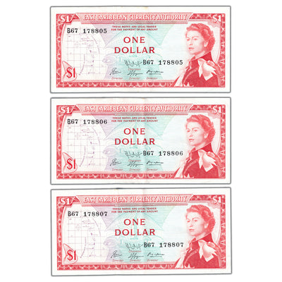 East Caribbean States ND (1965) $1 One Dollar Notes P #13f - 3 Consec Circ.