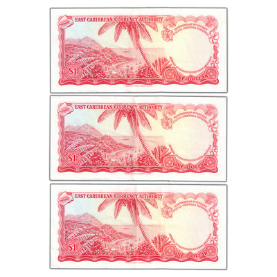 East Caribbean States ND (1965) $1 One Dollar Notes P #13f - 3 Consec Circ.
