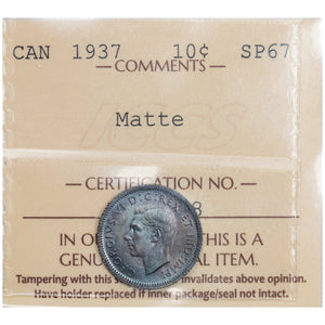 Canada 1937 10 Cents Dime Silver Matte Specimen Coin - ICCS SP-67