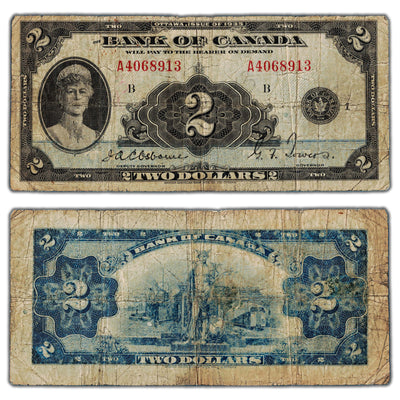 SOLD $2 1935 Bank of Canada Note English Text BC-3 - Circulated (small tear)