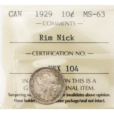 Canada 1929 10 Cents Dime Silver Coin - ICCS MS-63 (rim nick)