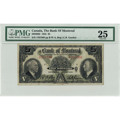$5 1935 Bank of Montreal Canada Chartered Note #505-60-02 - PMG VF-25