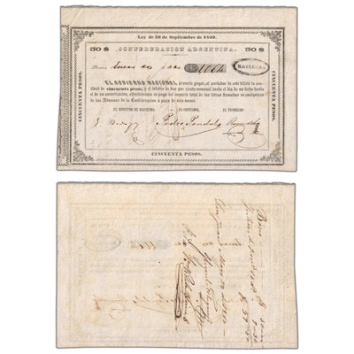 SOLD Argentina Confederacion 1859 (1860) 50 Pesos Note - EF+