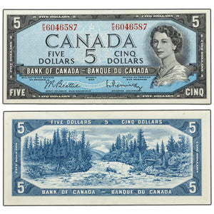 SOLD $5 1954 Bank of Canada Note Beattie-Rasminsky P/S Prefix BC-39b - AU+