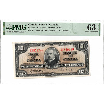 $100 1937 Bank of Canada Note Gordon-Towers B/J Prefix BC-27b - PMG UNC-63 EPQ