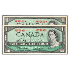 SOLD $1 1954 Bank of Canada Notes W/F Prefix BC-37d - 2 Consecutive - AU/UNC