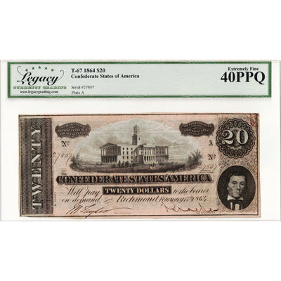United States 1864 $20 Confederate State Note T-67 - Legacy EF-40 PPQ