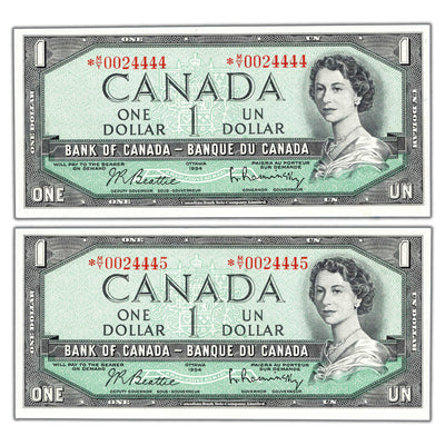 SOLD $1 1954 Bank of Canada Notes *M/Y Prefix BC-37bA - 2 Consecutive AU/UNC