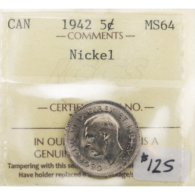 SOLD Canada 1942 5 Cents Nickel Coin - ICCS MS-64