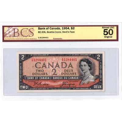 SOLD $2 1954 Bank of Canada Note Devil Face E/B Prefix BC-30b - BCS AU-50