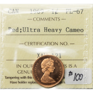 SOLD Canada 1969 1 Small Cent Coin - ICCS PL-67 Red UHC