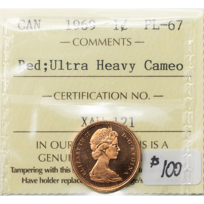 SOLD Canada 1969 1 Small Cent Coin - ICCS PL-67 Red UHC