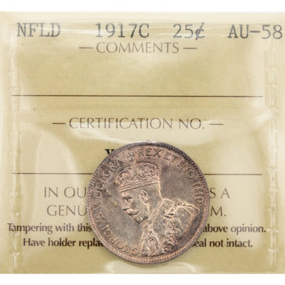Newfoundland 1917-C 25 Cents Quarter Silver Coin - ICCS AU-58