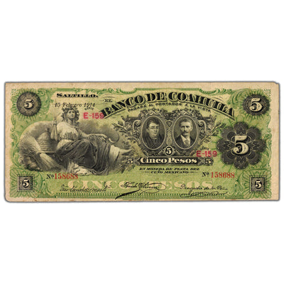 Mexico Banco de Coahuila 1914 5 Five Pesos Note P #S195c - Circulated