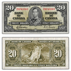 SOLD $20 1937 Bank of Canada Note Gordon-Towers B/E Prefix BC-25b - VF/EF (pressed)