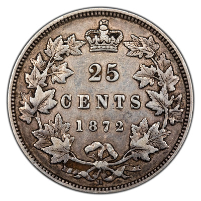 Canada 1872-H 7/7 25 Cents Quarter Silver Coin - Very Fine