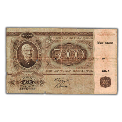 SOLD Finland 1945 5000 Mark Note P #83 - Heavily Damaged (tears/holes)