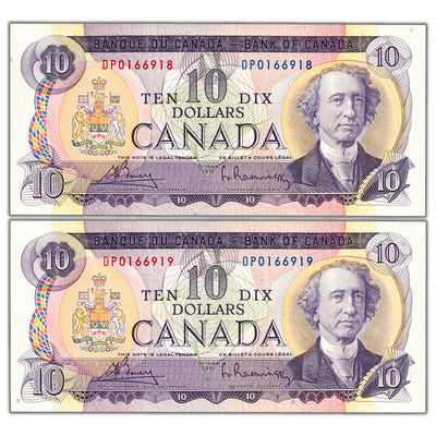 SOLD $10 1971 Bank of Canada Notes DP Prefix BC-49b - 2 Consecutive Ch UNC