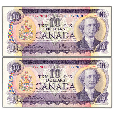 SOLD $10 1971 Bank of Canada Notes DL Short Run Prefix BC-49a - 2 Consecutive Ch UNC