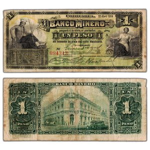 SOLD Mexico El Banco Minero 1914 1 One Peso Note - Circulated