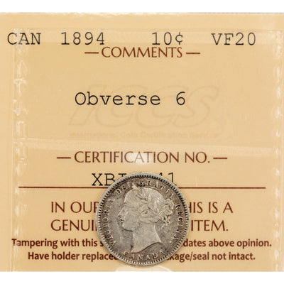 Canada 1894 Obverse 6 10 Cents Dime Silver Coin - ICCS VF-20