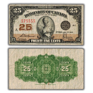 SOLD 25 Cents 1923 Dominion of Canada Shinplaster Note DC-24c - Near Solid Serial